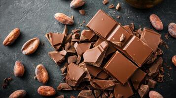 Delicious chocolate pieces scattered with cocoa beans photo