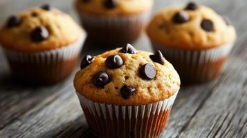 Warm chocolate chip muffins on rustic wooden table photo