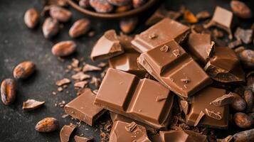 Rich chocolate pieces scattered with cocoa beans photo