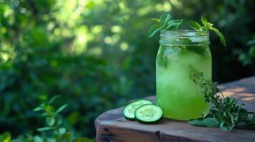 Refreshing cucumber and mint juice in glass jar photo