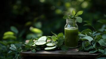 A bottle of green juice with cucumber and mint leaves photo