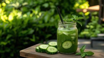 Chilled cucumber and mint juice in glass jar photo