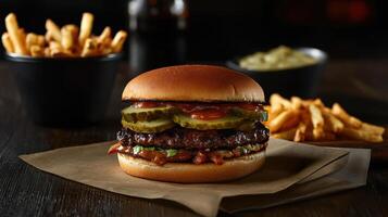 Juicy beef burger with pickles and fries on wooden table photo