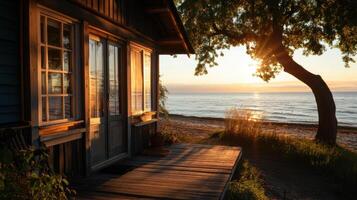 Charming seaside cottage with sunset view and wooden deck photo