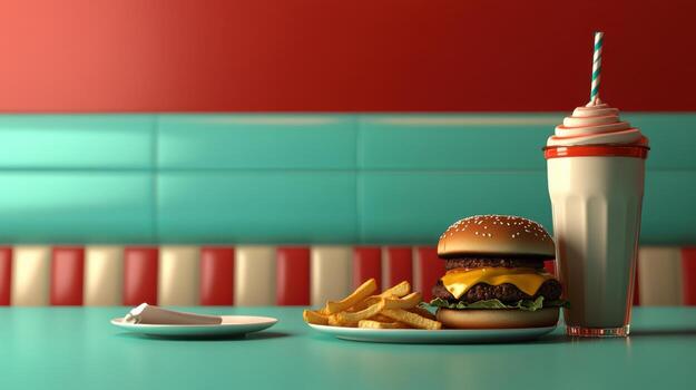 Delicious cheeseburger with fries and milkshake in diner photo
