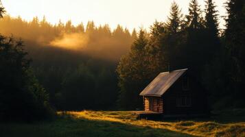 A small cabin in the middle of a forest photo