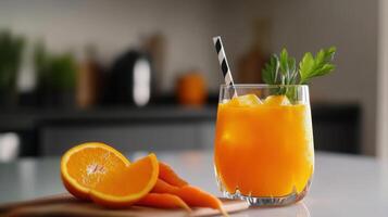 Refreshing orange and carrot juice with ice and garnish photo