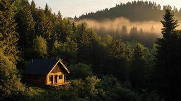 A small cabin in the middle of a forest photo
