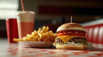A hamburger and fries on a table photo