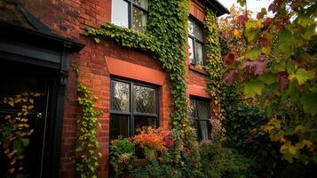 Charming brick house with ivy and colorful plants outside photo