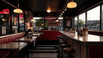 Classic diner interior with red booths and bar stools photo