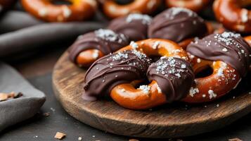 Chocolate pretzels with salt on a wooden plate photo