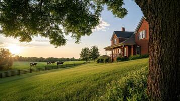 Classic farmhouse with red brick walls and lush green fields photo