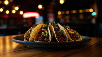 Three tacos are sitting on a plate on a table photo