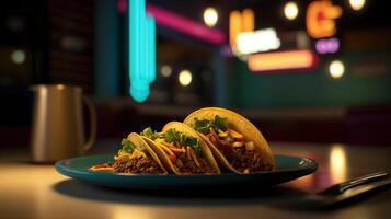 Three tacos on a blue plate in front of neon signs photo