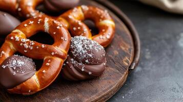 Chocolate dipped pretzels with sea salt on wooden board photo