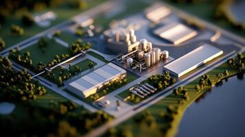 A 3d model of a factory and a river photo