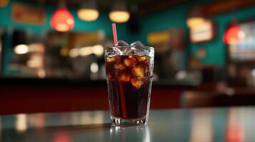 A glass of cola sitting on a table photo