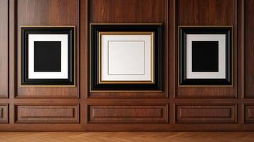 Classic black and gold frames on wooden wall display photo