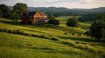 Classic farmhouse with red brick walls in lush green landscape photo