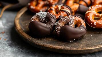 Chocolate pretzels on a wooden plate with salt photo