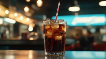 A glass of cola with ice and a straw photo