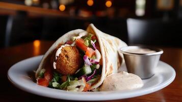 Classic falafel wrap with fresh vegetables and tahini sauce photo