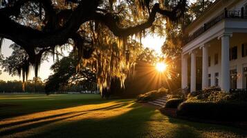 classic southern plantation house at sunset with trees photo