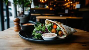 Fresh falafel wrap with tahini sauce and salad on plate photo