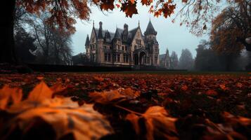 Classic Gothic manor surrounded by autumn leaves and fog photo