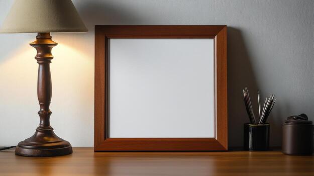 Classic mahogany photo frame on wooden desk with lamp