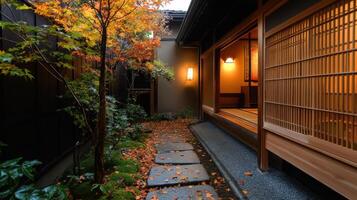 A narrow walkway leads to a small japanese house photo