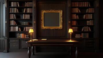 A desk and bookshelves in a dark room photo
