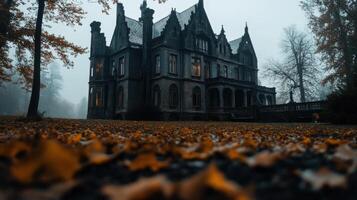 An old mansion in the middle of a foggy forest photo