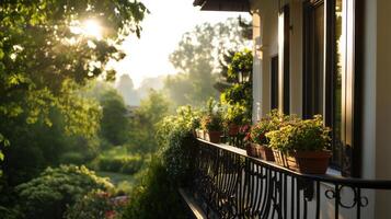 serene balcony adorned with potted plants and morning light photo