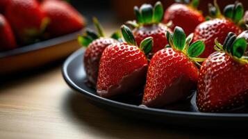 Delicious chocolate covered strawberries on black plate photo