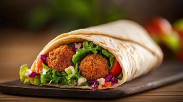 Delicious falafel wrap with fresh vegetables and sauce photo