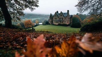 Classic English manor surrounded by autumn foliage and hills photo