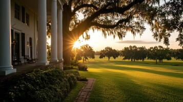 Classic Southern plantation house at sunset with lush greenery photo