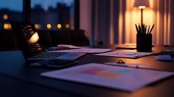 modern workspace with financial documents and laptop photo