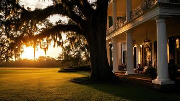 Classic plantation house with large columns and sunset view photo