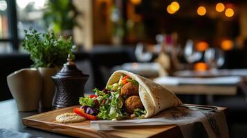 Classic falafel wrap with fresh salad and tahini sauce photo