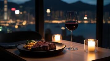 classic steak dinner with red wine and candles photo