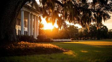 Classic plantation house at sunset with lush greenery photo