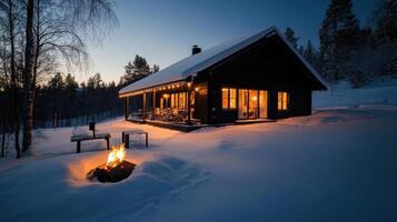 Cozy wooden house in snowy landscape with warm lights photo