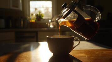 Coffee poured from press into delicate porcelain cup photo