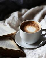 cozy coffee cup with crema beside open book on blanket photo