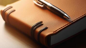 A pen and notebook on a leather book photo