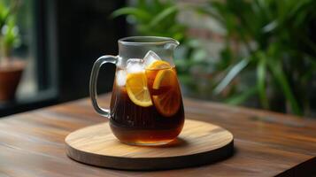 Refreshing cold brew tea with citrus slices and ice cubes photo