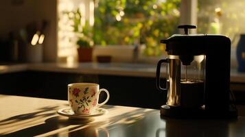 warm cup of coffee beside French press in sunlight photo